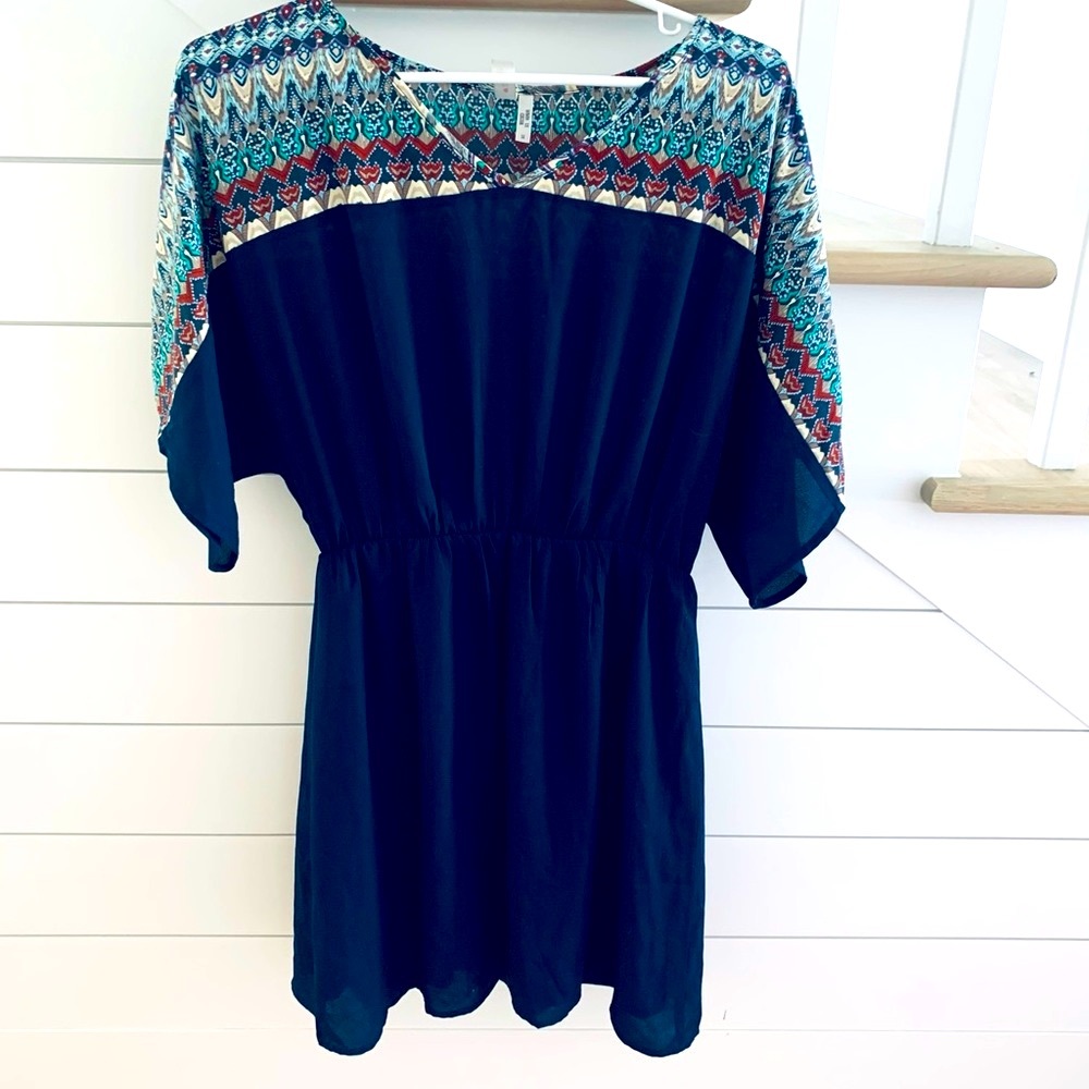 Love Zoe Navy Blue-Tribal Pattern Shortsleeved Dress, Size Medium
